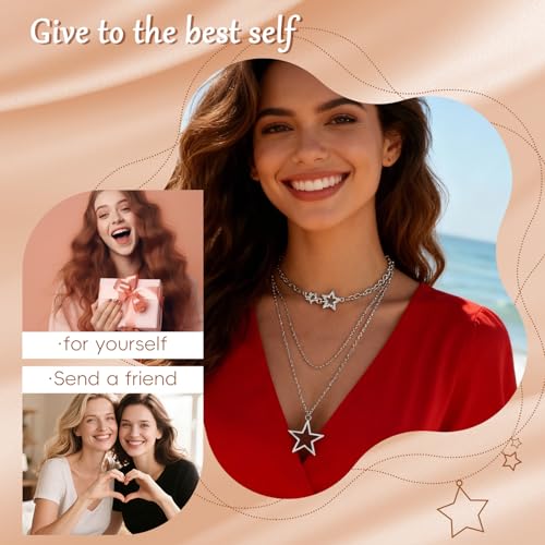 Gold Necklace Stack, Gold Plated and Silver Chunky Layered Necklaces for Women Exquisite Vintage Stackable Coins Medal Star Diamond Pearl Pendant Women's Jewelry (Gold/Silver) - color: Silver