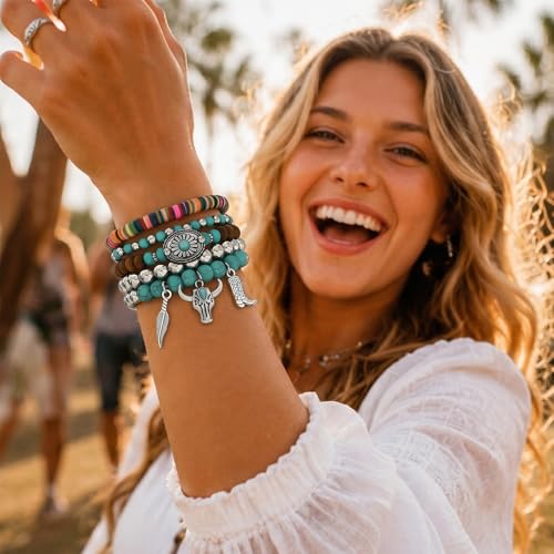 Long tiantian Western Turquoise Beaded Bracelet Set for Women Stackable Cowgirl Bracelets Boho Concho Jewelry Country Concert Rodeo Outfit Accessories Gifts - color: A1:turquoise bracelet for women