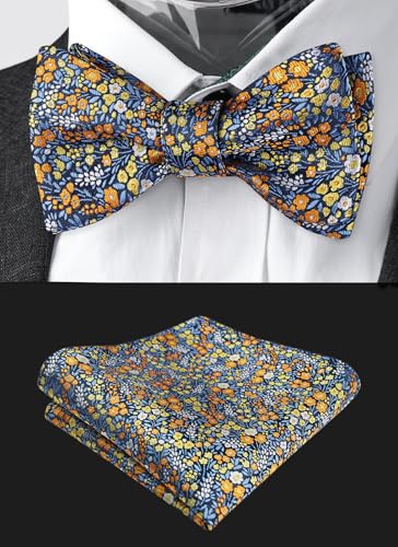 Alizeal Mens 2pcs Classic Floral Pattern Self-tied Bow Tie and Handkerchief Set - color: 045-blue/ Orange/ Yellow