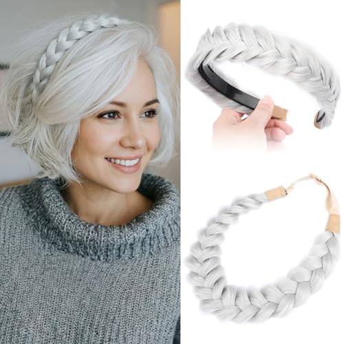 2PCs Braided Headband with teeth Handmade Messy Wide Synthetic Hair Elastic Stretch Fluffy Hairpiece for Brides (Light Gray) - color: Light Gray