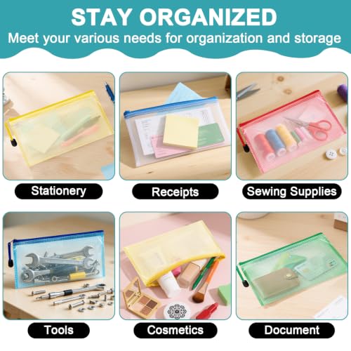 Mesh Zipper Pouch Bags - 5Pack A6 Waterproof Small Zipper Bags 4.7x9.3 Inch Clear Mesh Storage Pouches Assorted Colors for Home, Office, Travel, Receipts, Puzzles, Cosmetic - size: 4.7 x 9.3 Inch