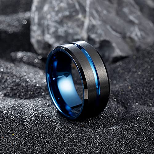 King Will Mens Tungsten Rings for Men Two Tone Grooved Mens Wedding Band Cool - color: Black & Blue 8mm