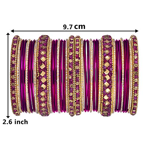 Aheli Ethnic Colorful Metal Bangles Chudha Set Stone Studded Bangle Set Indian Wedding Wear Fashion Jewelry Gift for Women Blue - color: Rani Pink