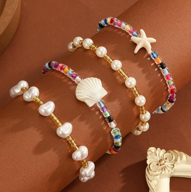 XAM 4pcs Bohemian Beach Charm Bracelet Set - Starfish & Shell Summer Jewelry for Vacation - color: A