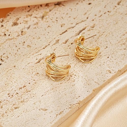 Sylph Chunky Gold Earrings 14K Gold Plated Statement Earrings for Women Trendy Hypoallergenic Textured Hoop Ribbed Huggie Earrings - style: Strand Twisted-14K Gold Plated
