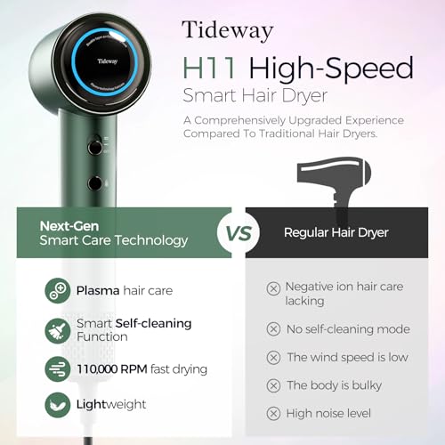 Tideway Hair Dryer Professional High-Speed Ionic Blow Dryer 110,000 RPM, Compact Hair Dryer with Magnetic Diffuser, Fast Drying with Brushless Motor Low Noise Smart Temperature Control-H11 - color: Green