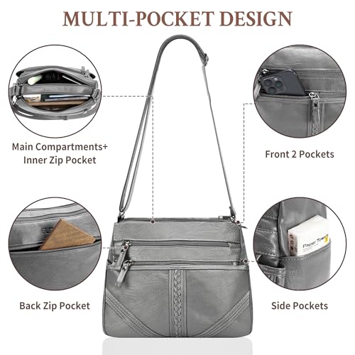 ELDA Crossbody Bags For Women Pocketbooks Soft PU Leather Purses and Handbags Multi Pocket Shoulder Bag - color: X-dark Grey