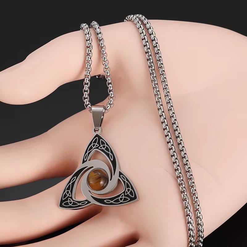 Irish Trinity Celtic Knot Power Stone Pendant Necklace Women Men Witches Knot Amulet Lucky Knot Jewelry - color: silvery