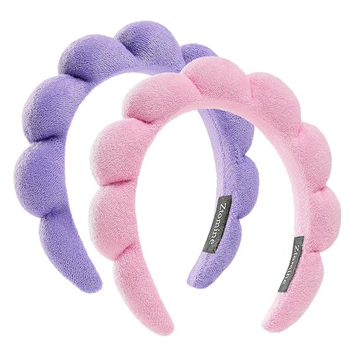 Spa Facial Headbands Combo Pack - 2 Terry Cloth Makeup Headbands for Face Washing, Masks, and Skin Treatments (Pink + Purple) - color: Pink + Purple