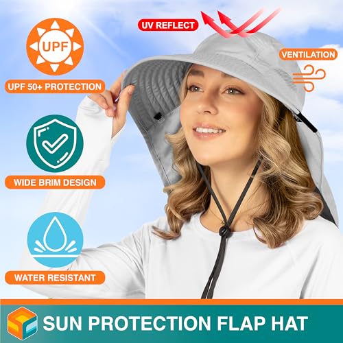 SUN CUBE Wide Brim Sun Hat with Neck Flap, UPF50+ Hiking Safari Fishing Hat for Men Women, Sun Protection Beach Hat - color: Light Grey