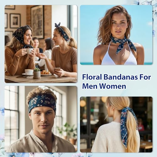 Navy Blue Floral Bandana, 21.7" Square Cotton Bandana Headscarf Hair Handkerchief, Women Bandanas Headbands for Beach Camping Running