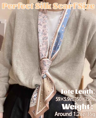 kcctoo 59" Mulberry Silk Like Head Scarf Women's Fashion Square Neck Satin Scarfs for Bag Hair Scarves Gift 59 * 5.9” - color: A012-blue Powder Coffee Bean Flower/59"x5.9"