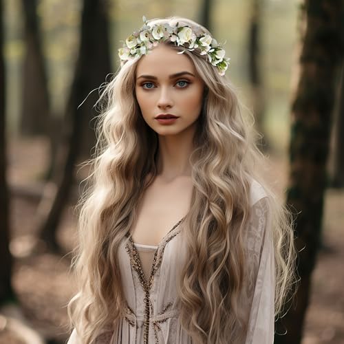 Vivivalue Wedding Floral Crown Rose Flower Headband Hair Wreath Floral Headpiece Halo Boho with Ribbon Party Prom Photos - color: W