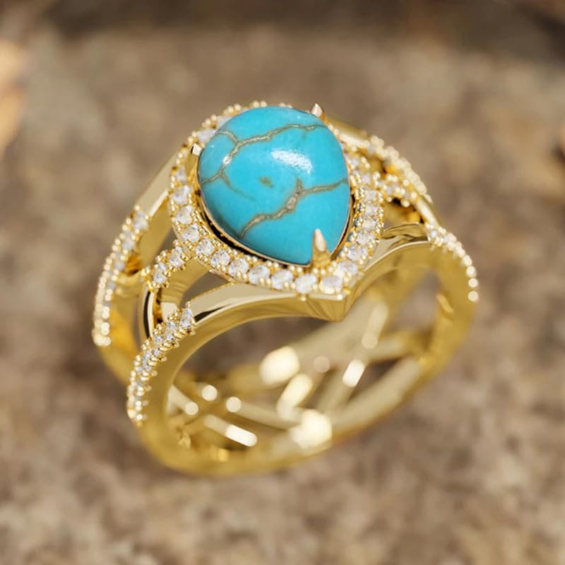 Hsitgexf Water Drop Pear Shaped 14k Gold Plated Blue Turquoise CZ Ring,Retro Boho Chic Jewelry Statement Birthstone Ring Anniversary Wedding Rings for Women Size 6-10（10） - size: US Size 10