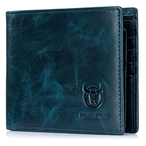 BULLCAPTAIN RFID Wallets for Men,Genuine Leather Wallet QB-05(Peacock Blue) | Slim,Bifold,Front Pocket Wallet, 2 ID Windows,11 Card Slots,RFID Blocking Technology,Gift Choice - color: Peacock Blue
