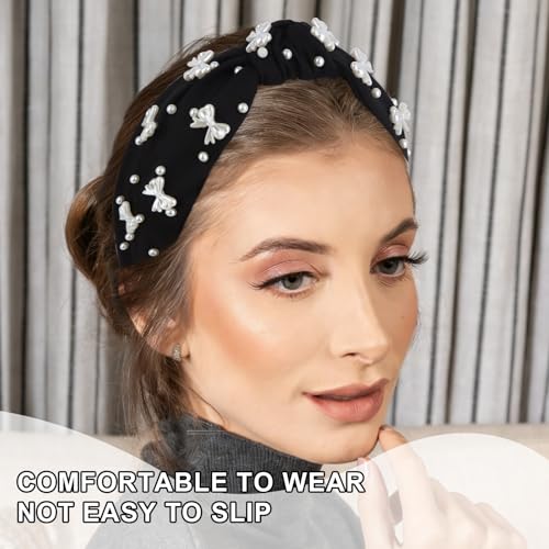 Black Headband Bow Pearl Knotted Headbands for Women Girls Cute Fashion Wide Headbands for Women Non Slip Hairbands Head Bands for Women's Hair Bow Hair Accessories - color: Black-03