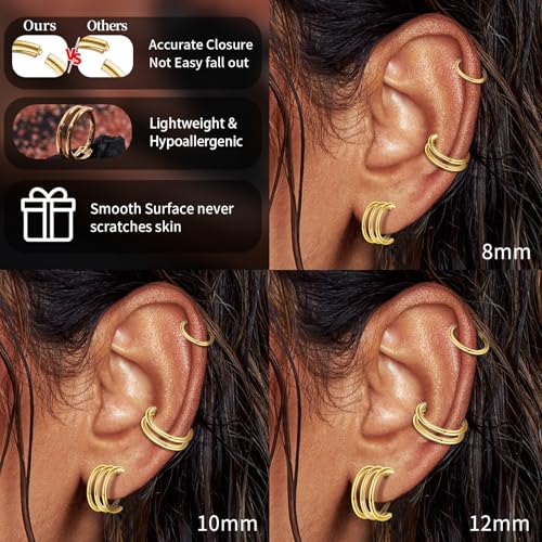 G23 Titanium 3PCS/7PCS 16G Cartilage Double-Hoop Helix Conch Piercing Jewelry With Cubic Zirconia Flat Back Stud Earrings Set For Women Men - color: B-3PCS-Gold-16G-8mm