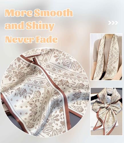 kcctoo 59" Mulberry Silk Like Head Scarf Women's Fashion Square Neck Satin Scarfs for Bag Hair Scarves Gift 59 * 5.9” - color: A009-brown Cashew Flower/59"x5.9"