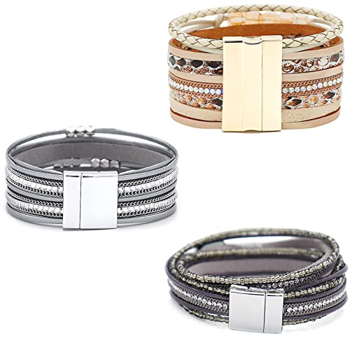 Leather Wrap Bracelet Set 3Pack Wrist Cuff Bracelet for Women Multilayer Magnetic Clasp Bracelet Feather Tree Bead Crystal Bracelet - color: Grey Crystal