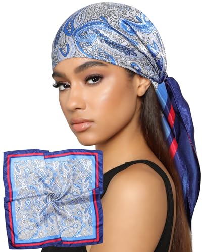 AWAYTR 35” Satin Head Scarf for Women Like Silk Scarf for Hair Scarf Satin Hair Bandana Women Headscarf Hair Wrap Scarf Neck - color: Blue + Red