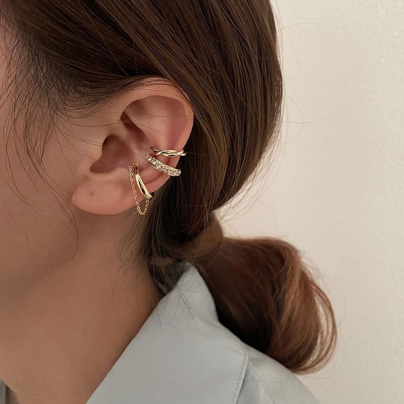 Gold Ear Cuff Earrings for Women Non Piercing 14K Gold Plated/Silver Cuff Clip On Cartilage Hoop Shining Cubic Zirconia Twisted Chain Ear Clip On Earring for Women Chunky Ear Cuffs Earrings - color: goldC