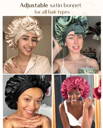 YANIBEST Adjustable Satin Bonnet for Sleeping Women Double Layer Hair Wrap Reduce Friction Prevent Frizz Natural Curly Hair - color: Champagne