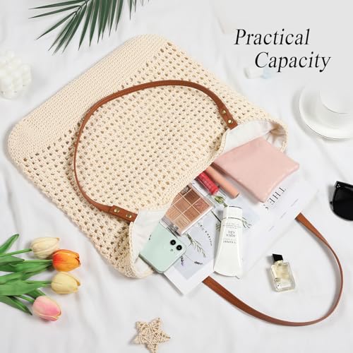 Sightor Crochet Beach Bag, Woven Tote Bag Summer Boho Bag Travel Casual Shoulder Bag for Summer Vacation - color: Beige