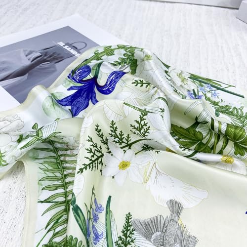Women's Small 21 inch 100% Silk Scarf Bandana for Head Neck Hair | 100% Mulberry Silk Lightweight Designs Gift-Ready Packaging For Hair Fashion 21"x21" Printed - color: 206white Green