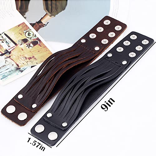 NIGHTCRUZ Punk Leather Cuff Bracelet, 2PCS Vintage Leather Wristband for Men Women - color: Brown