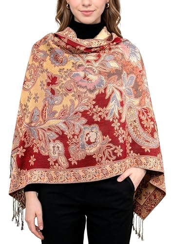 Achillea Elegant Paisley Floral Pashmina Shawl and Wrap – Boho Rave Scarf for Festival, Travel & Everyday Wear - color: Red Beige