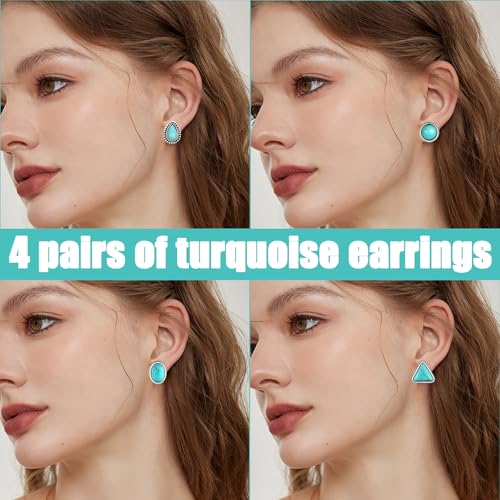 4 Pairs Western Turquoise Stud Earrings Set for Women, Bohemian Vintage Ear Studs (Oval, Round, Square), Statement Earrings Southwestern Cowgirl Jewelry Accessories Gifts