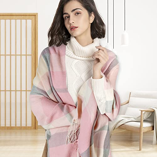 Loritta Womens Scarf Fashion Long Plaid Shawls Wraps Big Grid Winter Warm Lattice Large Scarves Gifts - color: P-pink Beige Grey Lattice