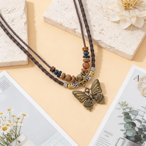 Boho Necklace for Women,Vintage Butterfly Pendant Necklaces,Adjustable Wooden Beads Layered Braided Choker,Fashion Tribal Style Leather Rope Necklace Jewelry,Chunky Statement Gift for Women - color: Brown