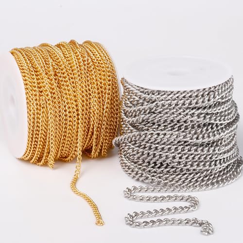 33FT Stainless Steel Curb Chain Roll, 5mm 304 Stainless Steel Flat Twisted Links Curb Chains Bulk Spool for Jewelry Making Necklace DIY Craft - color: Stainless Steel, size: 5.0mm width