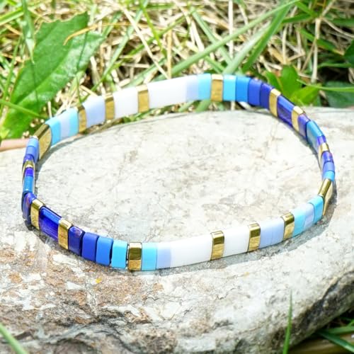 Tila Flat Beaded Stretch Bracelet for Women,Bohemian Friendship Bead Bracelets Handmade Stack Boho Jewelry Accessory for Everyday Wear, Vacation and Friend Gifts - color: blue-02