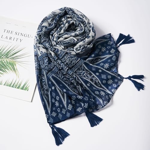 QIUTIMIY Scarf for Women Lightweight Soft Floral Leopard Printed Scarves Fall Winter Fashion Shawl Wrap with Fringe - color: Flower-blue White