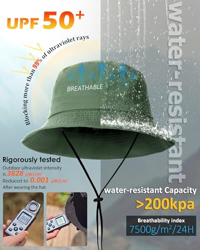 Water-Resistant Bucket Hat for Women Men Rain Hat UPF 50+ Boonie Sun Hat Foldable Summer Floppy Fishing Safari Hats - color: Army Green