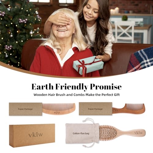 Wooden Hair Brush and Comb, One-piece Design, Reduce Frizz and Static, Massage Scalp, Detangling Paddle Hairbrush for Women, Girls, Kids, Includes Cleaning Claw, 5 Wood Bristles