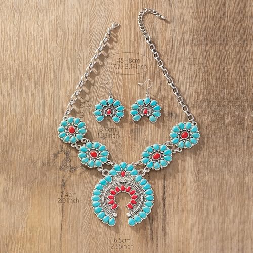 4 PCS Western Turquoise Jewelry for Women Boho Vintage Navajo Pearl Necklace Earring Bracelet Ring Set Country Cowgirl Accessories for Gift - color: M-Blue