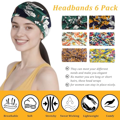 6 Pack Boho Style Women's Headbands, Non slip Fashion Wide Elastic hairband, Daily Sports Yoga Workout Women's Hair Bands,Floral Print-Yellow Green Color - color: Type 4