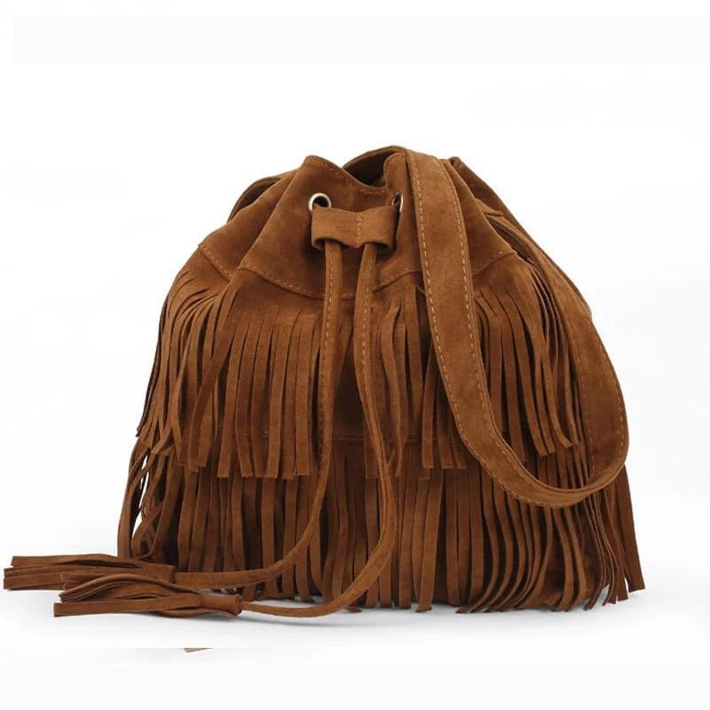 Fringe Hobo Purse Bags for Women Crossbody Purses with Drawstring Ladies Tassel Tote Shoulder Bucket Handbags,Brown - color: Brown(barrel Shape)