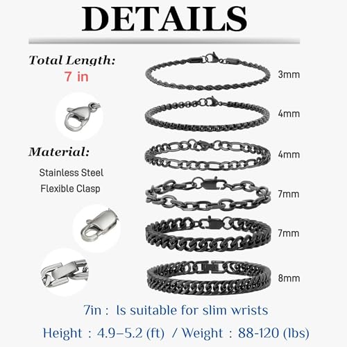 XIANNVXI 6pcs Bracelets for Men Gifts for Him Stainless Steel Bracelet Silver/Gold/Black Cuban Link Rope Paperclip Chain Bracelets Set 6.5/7/7.5/8.3/9 Inches Metal Bracelet Mens Fashion Accessories Jewelry Gifts Set - color: Black, size: 7 in-Women Small