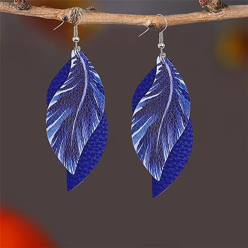 ANXIN boho unique Leather Earrings 2 Layered Lightweight Faux Leather Leaf Earrings Layered Design Drop Earrings Gift for Women - color: 2 Blue Faux Leather Leaf Earrings