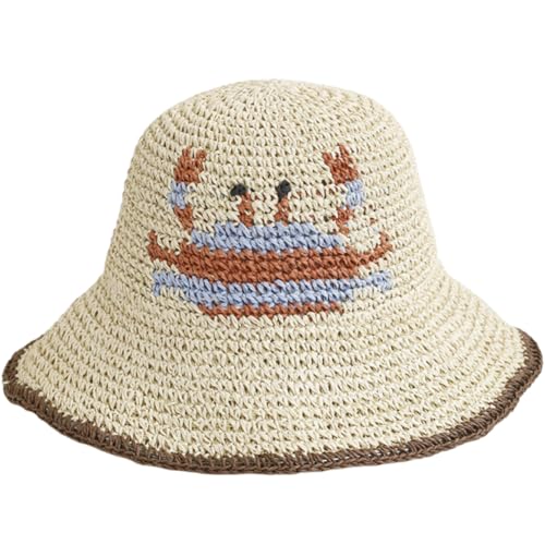 Women Straw Sun Hat Summer Beach Hats Foldable Floppy Cap Wide Brim Bucket Hat Solid Handmade Sun Protection Caps - color: Crab-beige