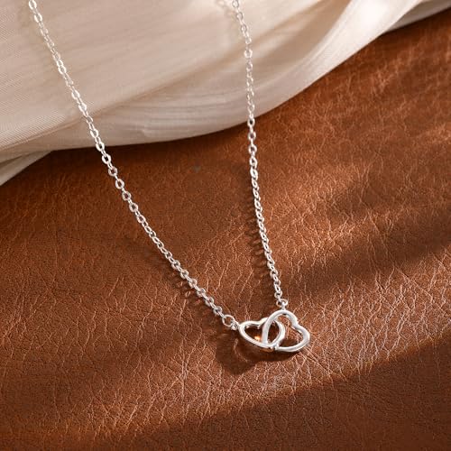 Heart Necklace for Women Dainty 14K Gold/Silver Plated Love Charm Pendant Choker Adjustable Chain Meaningful Cute Jewelry Gift for Her Wife Best Friend Couple - style: Double Heart-SL