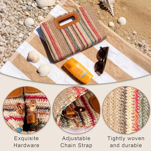 Beach Clutch Bag Straw Summer Clutch Purses for Women Handmade Woven Purse Detachable Gold Chain, Crossbody - color: Colorful