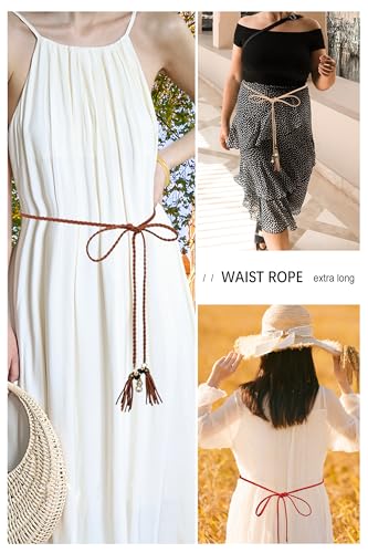 TeeYee Waist Belt Woven Knitted Rope/Chain PU leather 3 Pieces Tassel Rope Skinny Belt - color: 257redkakicoffee