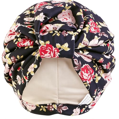 Women's Turban Head Wrap Cancer Chemo Beanies Cap Headwear Cap Bonnet Hair Loss Hat for Sleeping - color: Flower-black