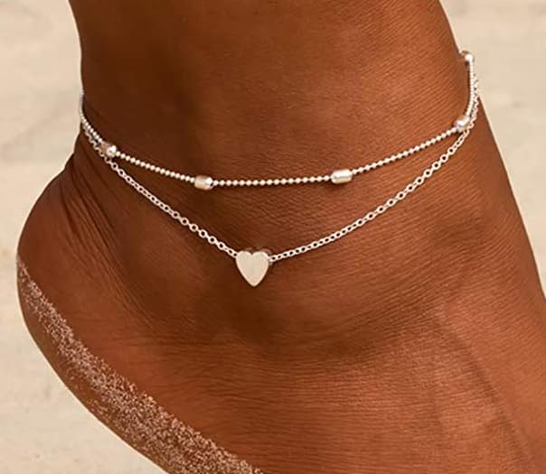 MIDEEO Gold/Silver Ankle Bracelets for Women,14K Gold Anklets for Women Waterproof Cuban Link Heart Beads Herringbone Rhinestone Anklets Set Layered Anklet Bracelets for Women Gold Jewelry Gift - style: 2 Layers Anklet C-SL