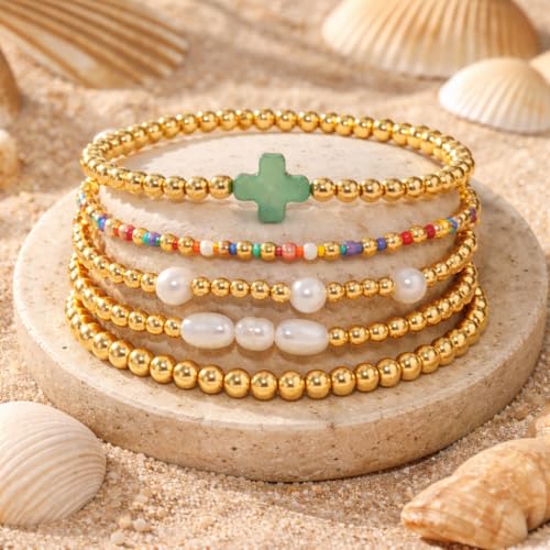 Gold Beaded Cross Bracelet for Women, 14K Plated Adjustable Stackable Dainty Bracelets, Non Tarnish Fashion Jewelry Set Gifts for Women Birthday Friendship - color: Colors-2